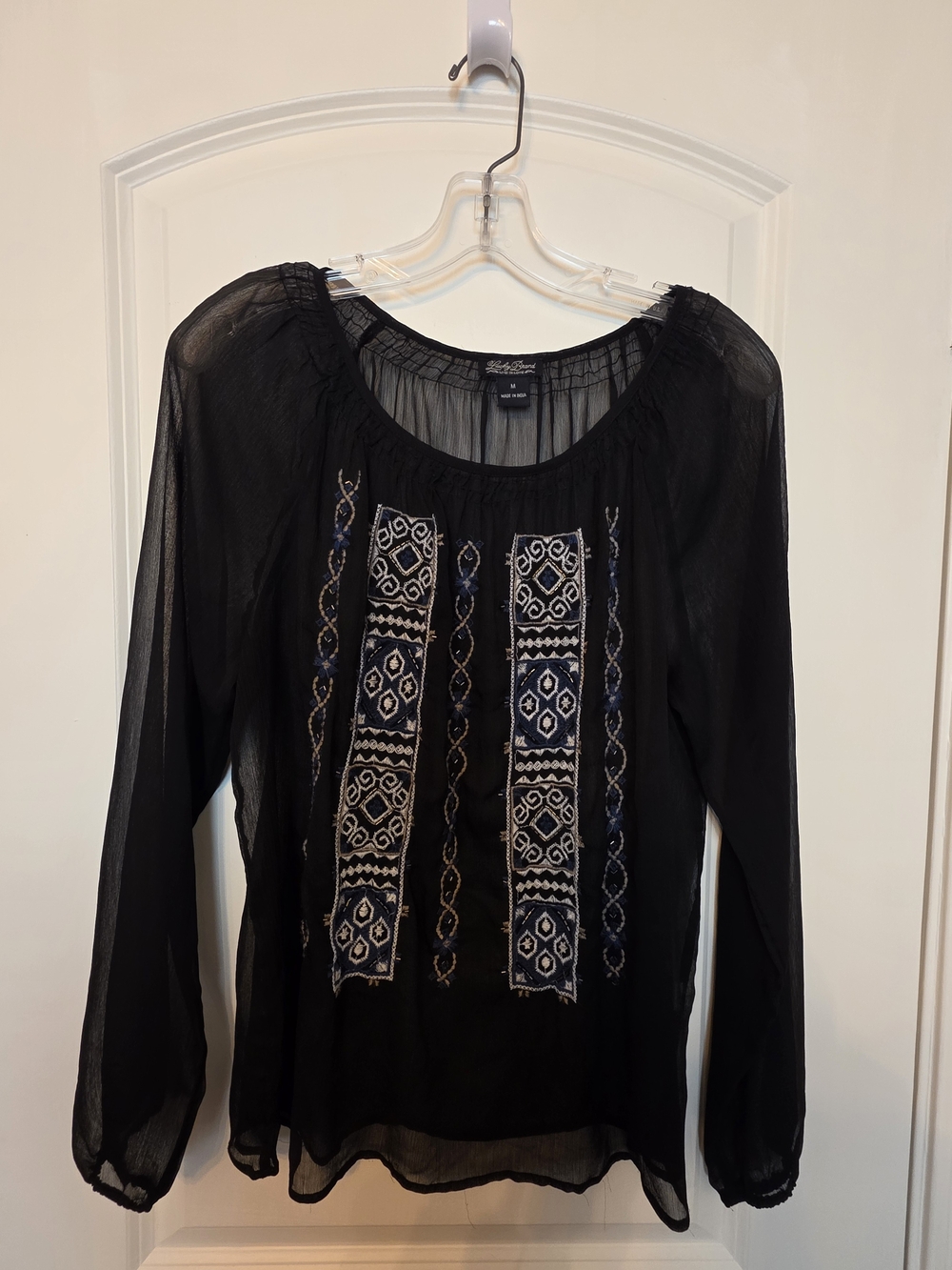 Lucky Brand Black Sheer Embroidered Peasant Blouse